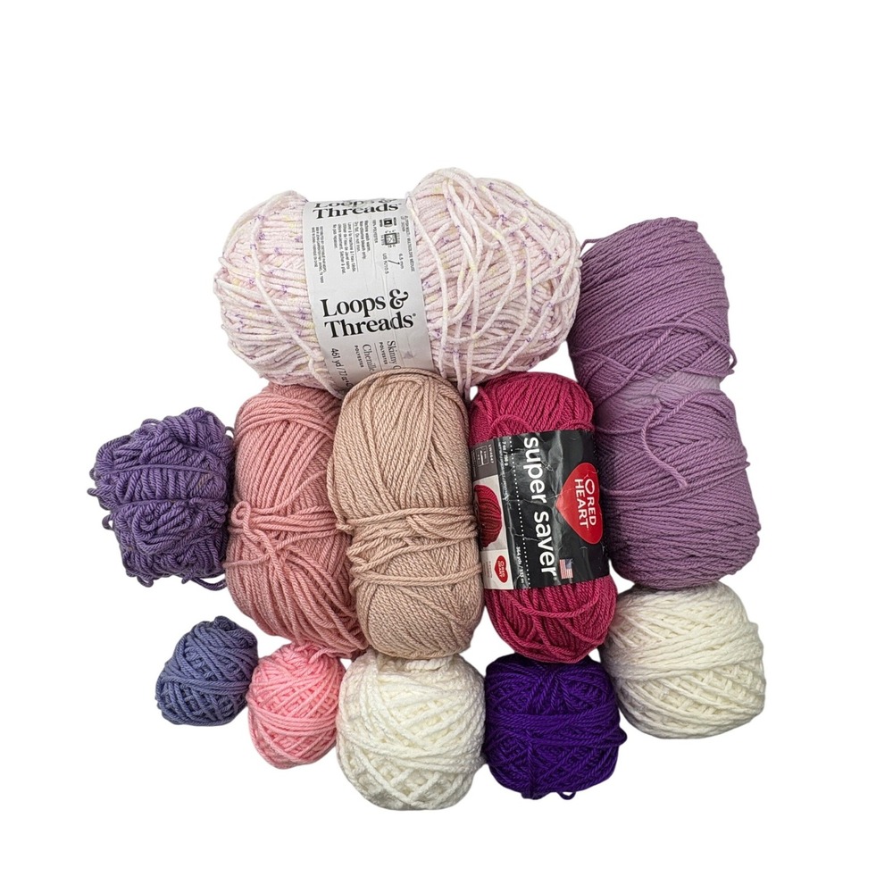 Yarn Lot 12 Skeins Pink Purple White Destash Red Heart Super Saver Loops Threads
